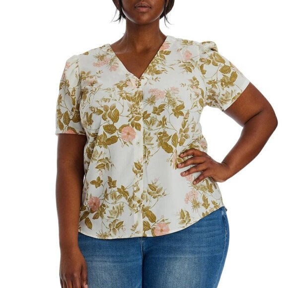 NWT 1.STATE Women's Plus Floral Print V-Neck Puff Sleeve Button Up Blouse Top - Picture 3 of 7